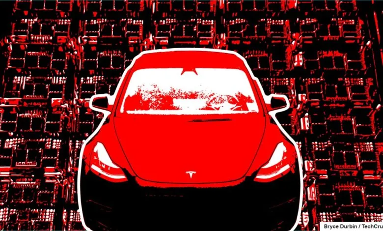 Stylized red Tesla car superimposed on a circuit board background.