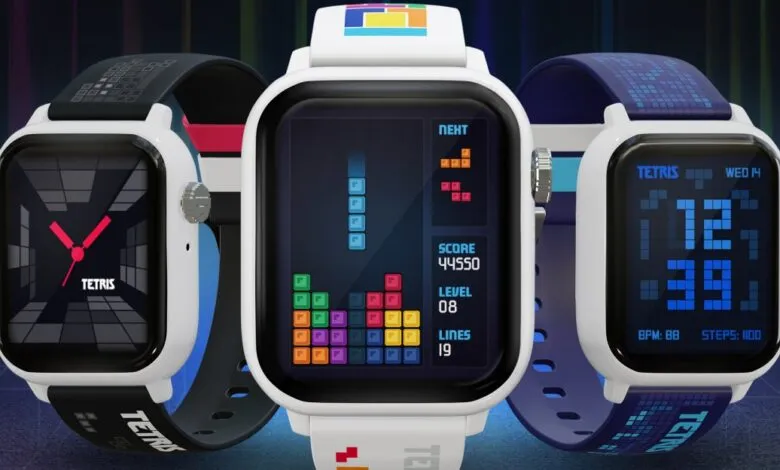 Three Tetris-themed smartwatches displayed side-by-side with different watch faces.