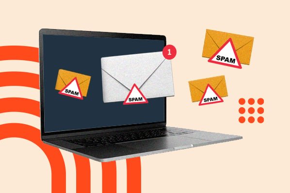 Laptop screen showing spam email alerts. Multiple spam email icons float nearby.