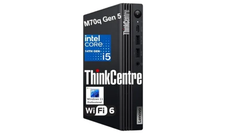 Lenovo ThinkCentre M70q Gen 5 mini PC with Intel Core i5 processor, Windows 11 Pro, and Wi-Fi 6.