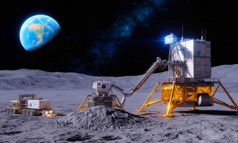 Lunar base with lander, rover, and Earth in the background.