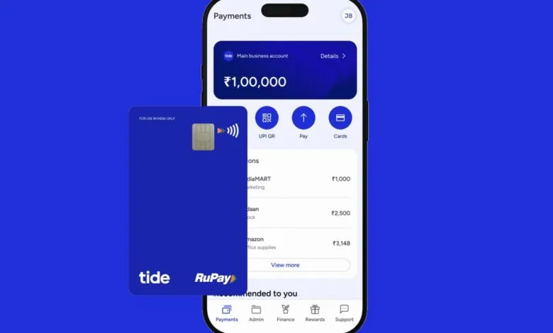 Tide RuPay business card and mobile app showing payments and account balance.
