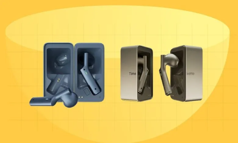 Timekettle Wireless Earbuds in charging cases; dark blue and light gray options shown.