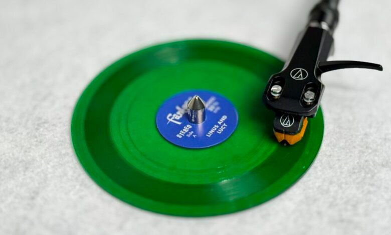 Close-up of a turntable needle on a bright green vinyl record.