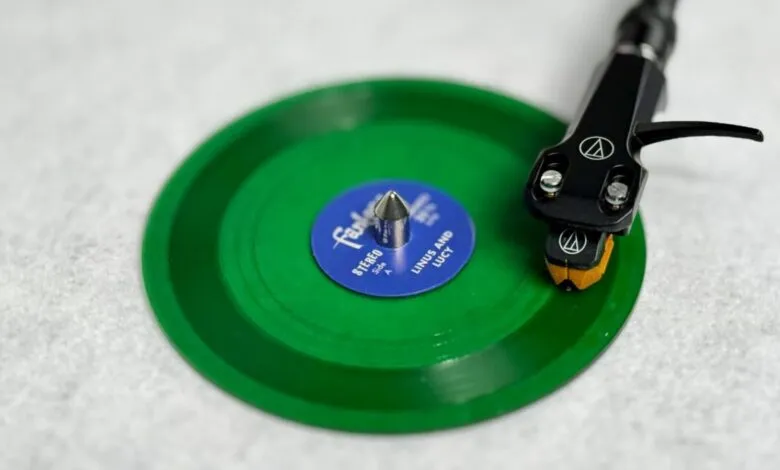 Close-up of a turntable needle on a bright green vinyl record.