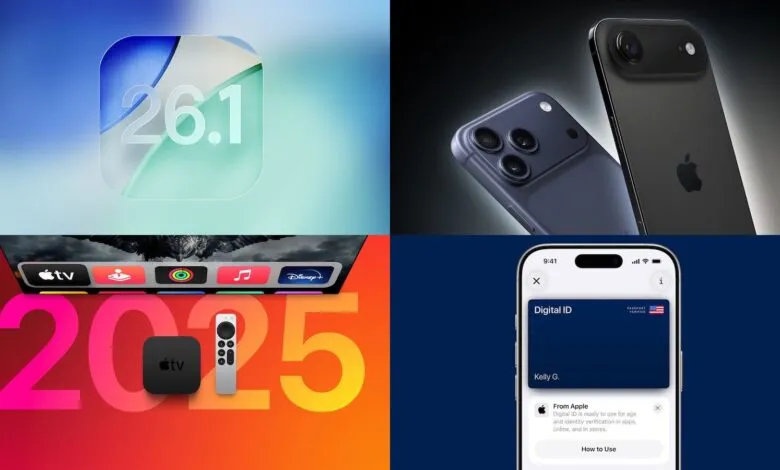 Collage of Apple product updates and features including iOS 26.1, new iPhones, Apple TV, and Digital ID.