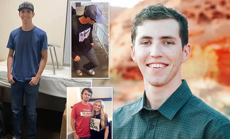 Collage of Tyler Robinson in various settings, including a portrait, surveillance footage, and with a woman.