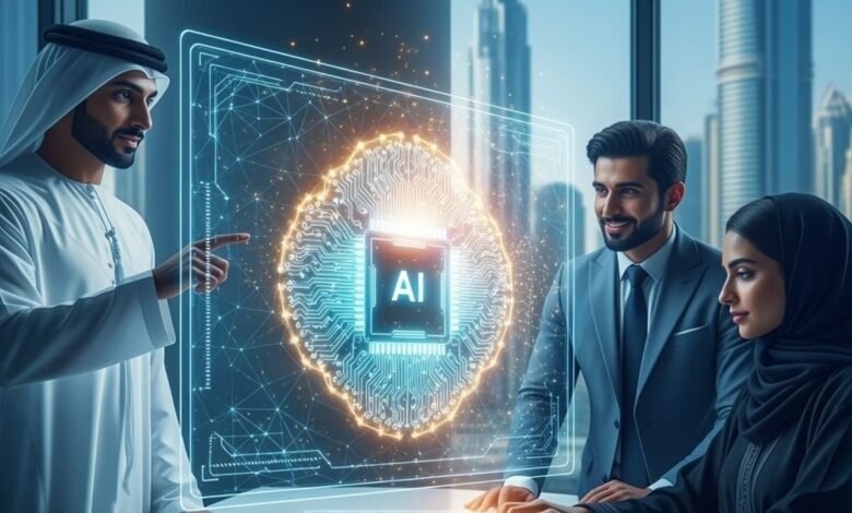 UAE businesspeople review AI technology on a futuristic interface.