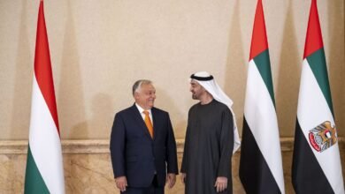 Viktor Orbán, Prime Minister of Hungary, and Mohammed bin Zayed Al Nahyan, President of the UAE, stand smiling, flanked by Hungarian and UAE flags.