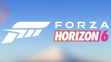 Forza Horizon 6 logo with white stylized wing and text against a blue sky.