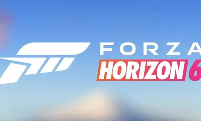 Forza Horizon 6 logo with white stylized wing and text against a blue sky.