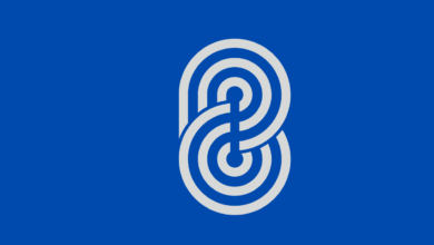 Stylized white interlocking loops forming a modern abstract symbol on a blue background.