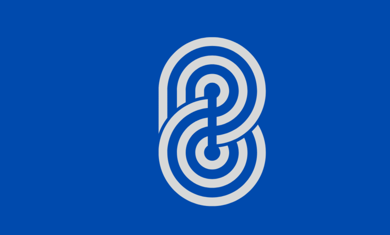 Stylized white interlocking loops forming a modern abstract symbol on a blue background.