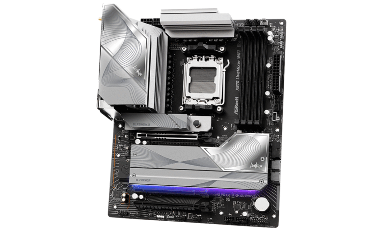 ASRock X670 LiveMixer WiFi motherboard, showcasing its silver and black design, CPU socket, and various components.