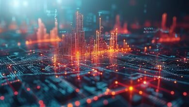 Abstract digital city skyline glowing with orange and blue light, representing technological innovation and urban development.