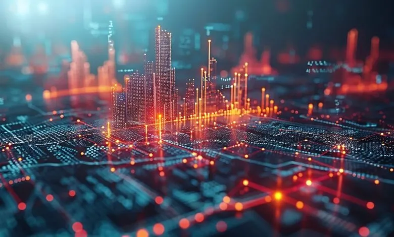 Abstract digital city skyline glowing with orange and blue light, representing technological innovation and urban development.