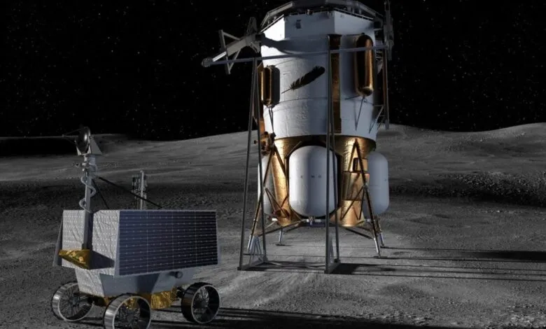 A lunar lander and rover on the moon's surface under a starry sky.