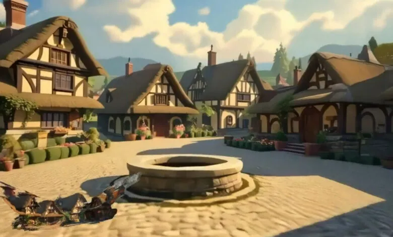 Quaint village scene with thatched-roof houses, a central well, and lush greenery.