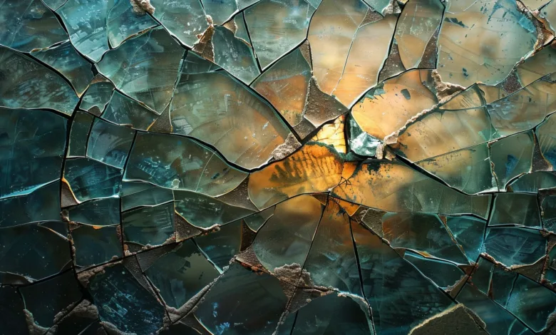 Close-up of shattered glass with iridescent blue and gold hues.