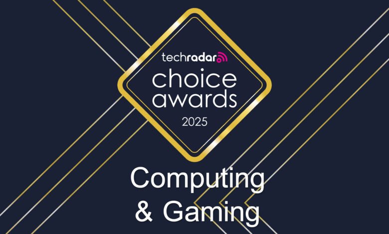 TechRadar Choice Awards 2025 for Computing & Gaming. Gold award logo on dark blue background.