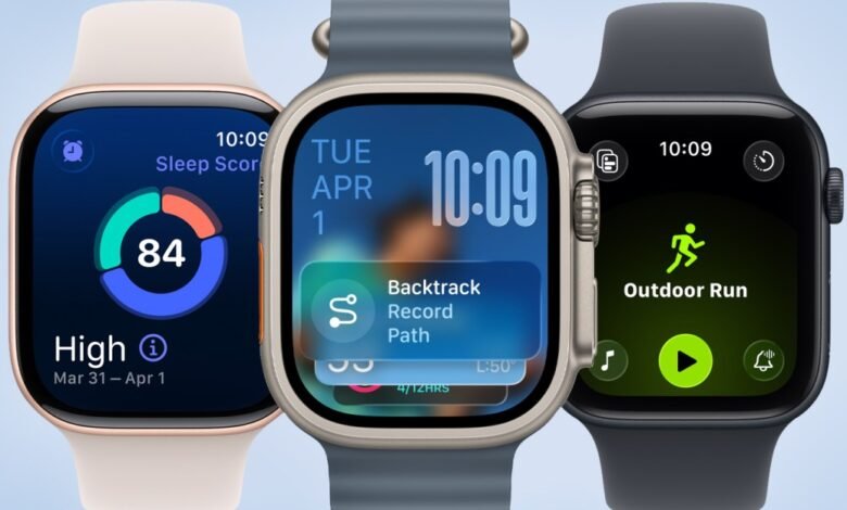 Three Apple Watches displaying different watch faces: sleep tracking, calendar, and workout.