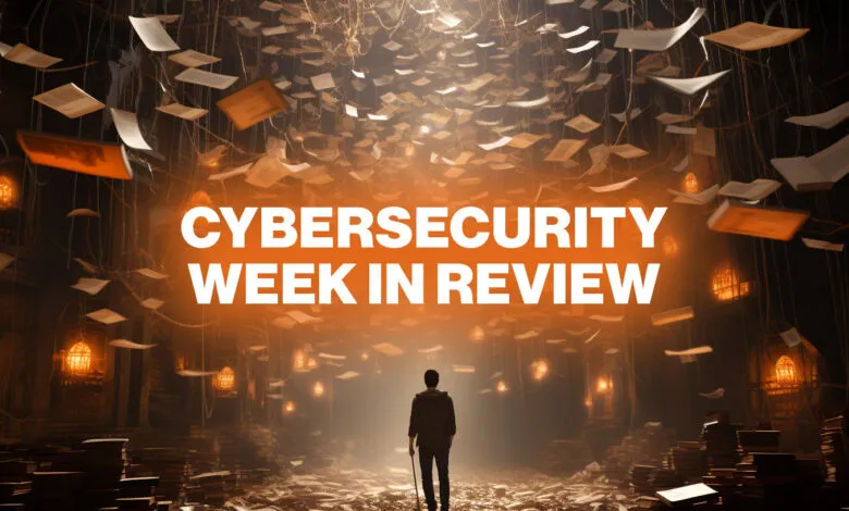 Cybersecurity Week in Review: A man stands in a surreal library with floating papers, symbolizing data and information.