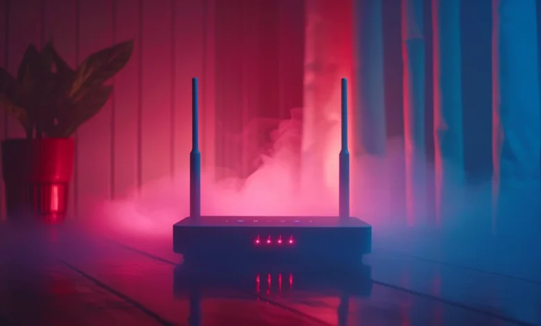 Wireless router with glowing lights in a dimly lit room, surrounded by pink and blue fog.