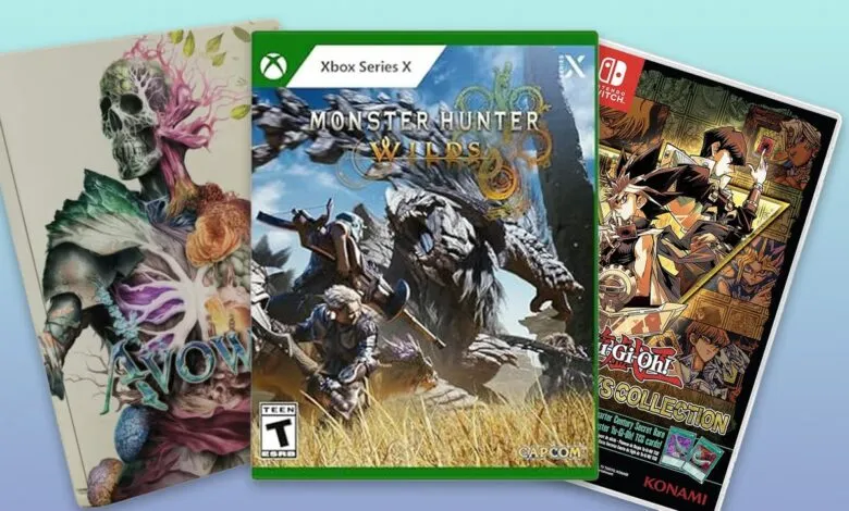 Xbox Series X game covers for Monster Hunter Rise, Avowed, and Yu-Gi-Oh! Legacy of the Duelist: Link Evolution.