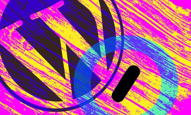Abstract art featuring WordPress logo elements in vibrant neon colors on a textured background.