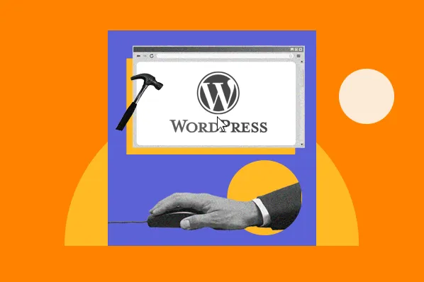A stylized image showing a hammer and a computer mouse interacting with the WordPress logo on a browser window.