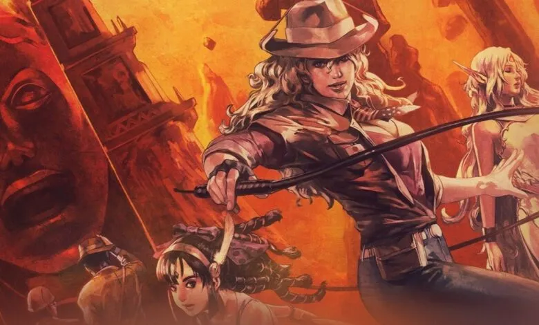 Adventurous women in a fiery, ancient ruin landscape with a giant stone face.