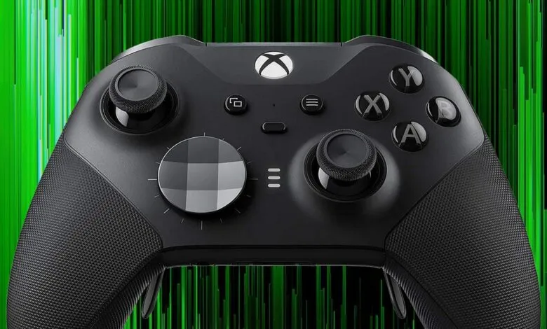 Black Xbox Elite Wireless Controller Series 2 shown against a green digital background.