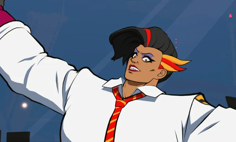 Animated character, muscular build, white shirt, red and gold tie, intense expression, dark hair with orange and yellow streaks.