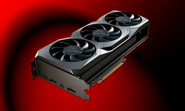 XFX Radeon RX 7900 XTX graphics card, silver and black, three fans, against a red background.