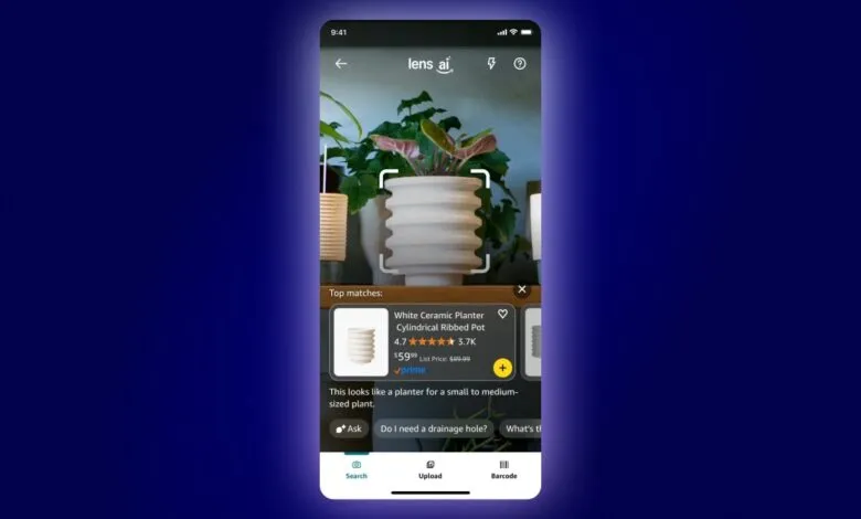 Smartphone screen shows Lens AI app identifying a white ceramic planter. Product details and price are displayed.