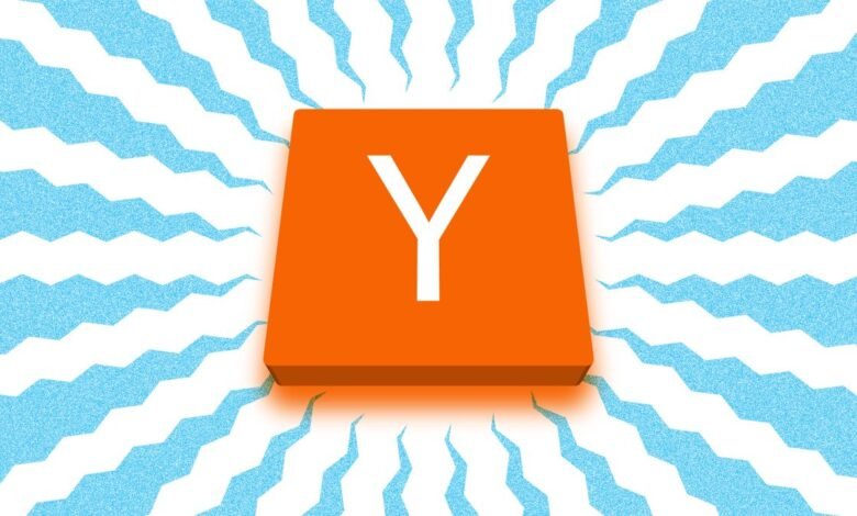 Orange square with a white capital Y, set against a background of light blue zigzags.