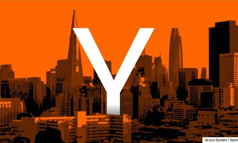 Stylized San Francisco skyline with a large white 'Y' superimposed, in shades of orange and brown.