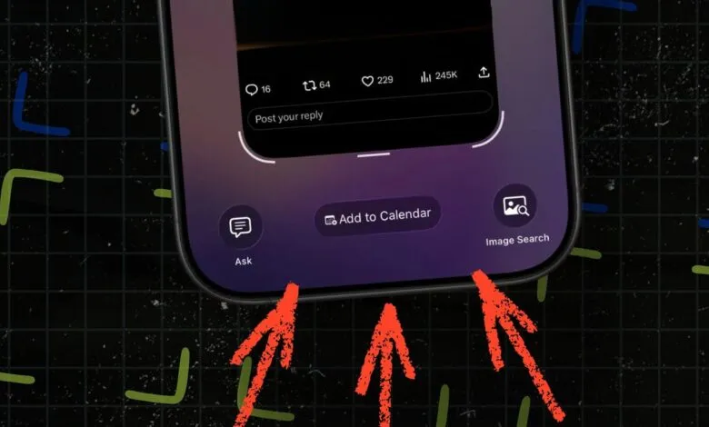 Close-up of an iPhone screen showing AI features: Ask, Add to Calendar, and Image Search.