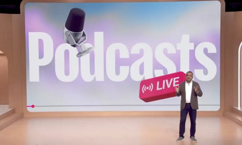 Man presenting at a YouTube podcast event. Large 'Podcasts' graphic behind him.