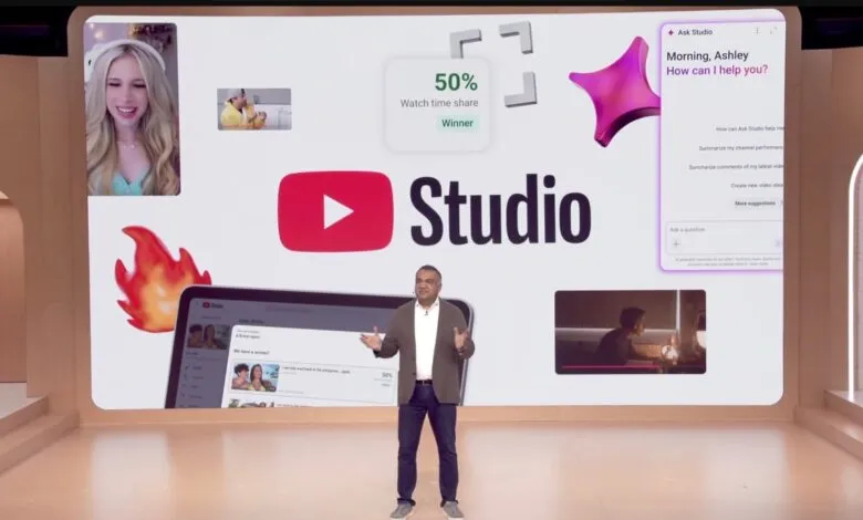 YouTube executive presents new Studio features, showcasing AI tools and analytics on a large screen.