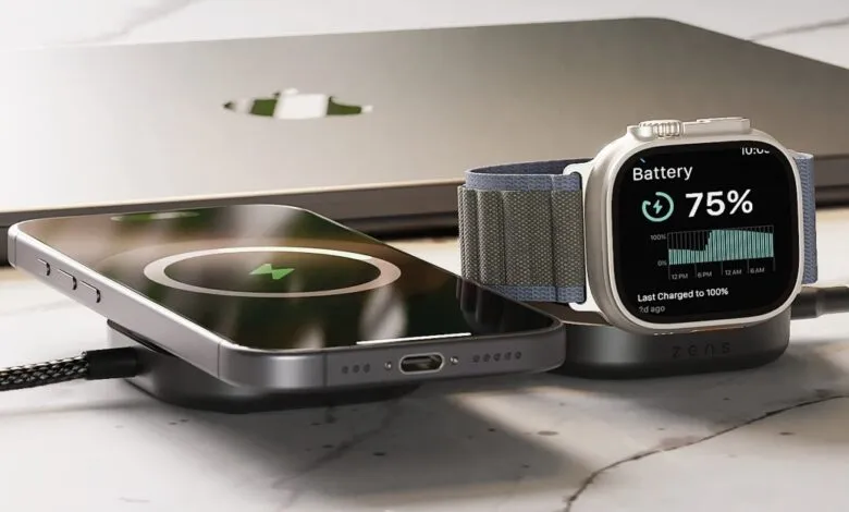 Smartphone and Apple Watch charging on Zens wireless chargers. Clean, modern aesthetic.