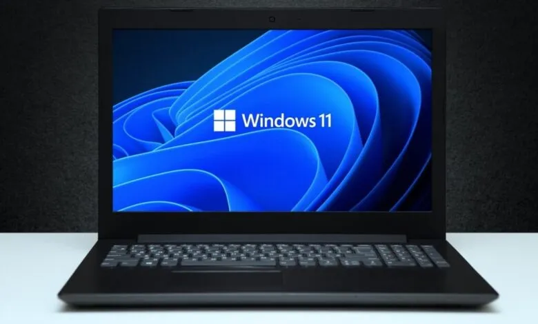 Laptop displaying the Windows 11 logo and wallpaper.