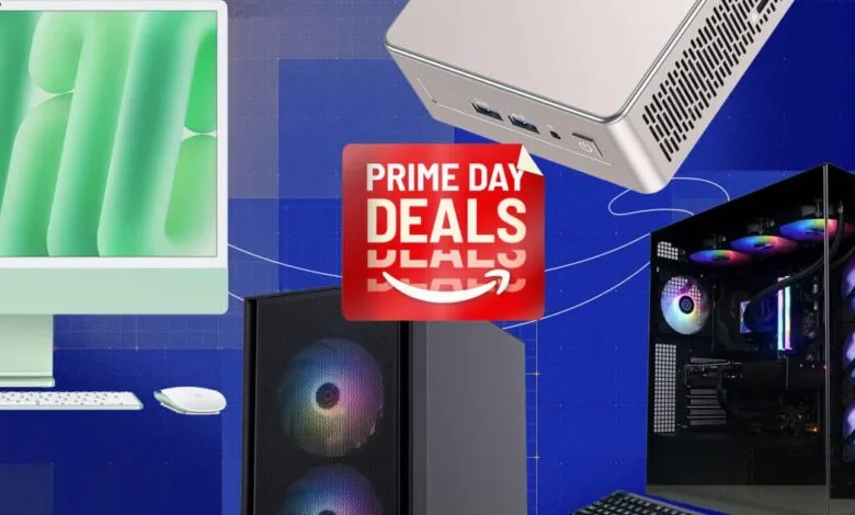 Collage of computers and tech devices with a Prime Day Deals graphic.
