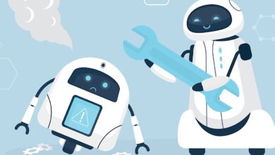 A sad robot with a warning sign on its screen is being repaired by a happy robot holding a large wrench.