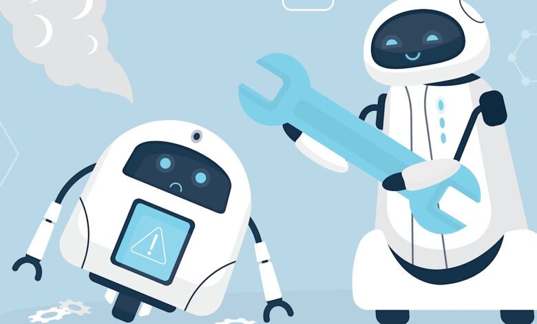 A sad robot with a warning sign on its screen is being repaired by a happy robot holding a large wrench.