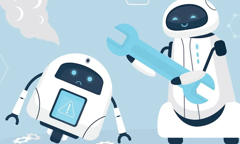 A sad robot with a warning sign on its screen is being repaired by a happy robot holding a large wrench.