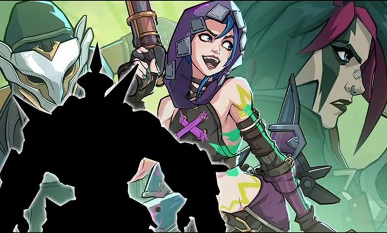 Three animated characters, two women and a masked figure, with a silhouette of a large robot.
