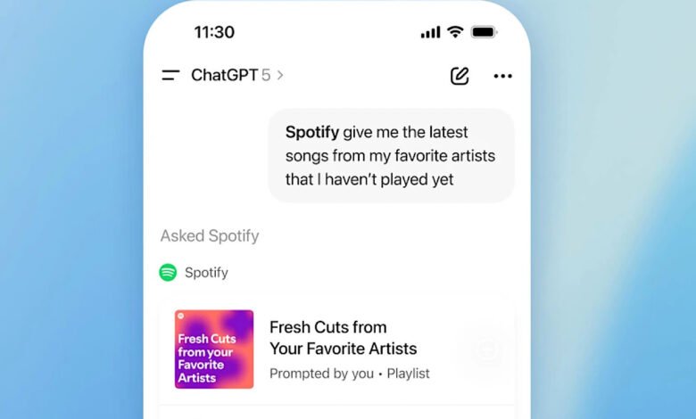 Screenshot of ChatGPT 5 interface asking Spotify for new music.