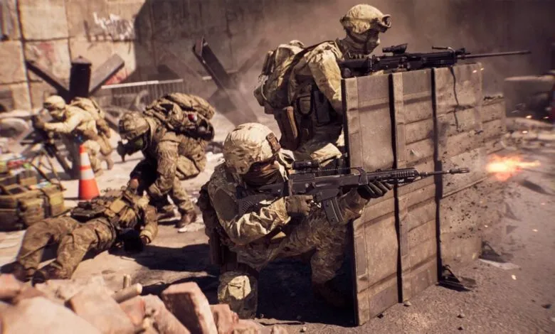 Soldiers in combat gear taking cover and firing weapons in a war-torn urban environment.