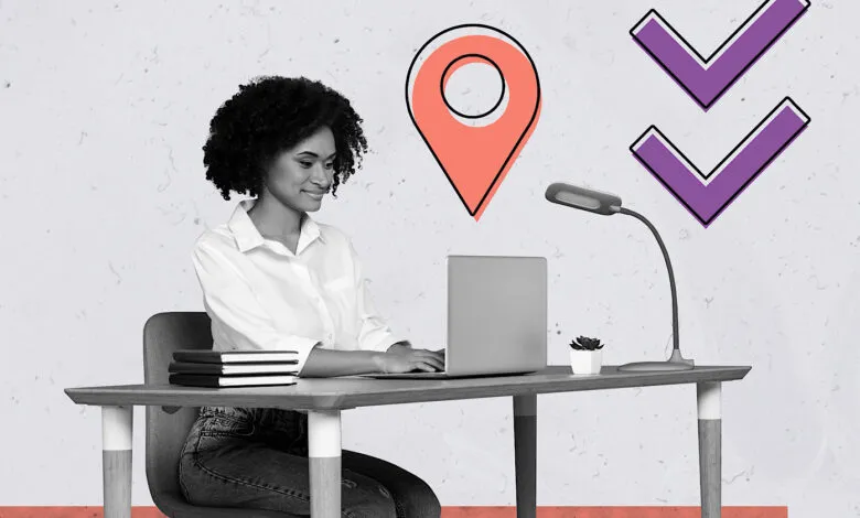 A woman smiles while working on a laptop at a desk, with location and checkmark icons.